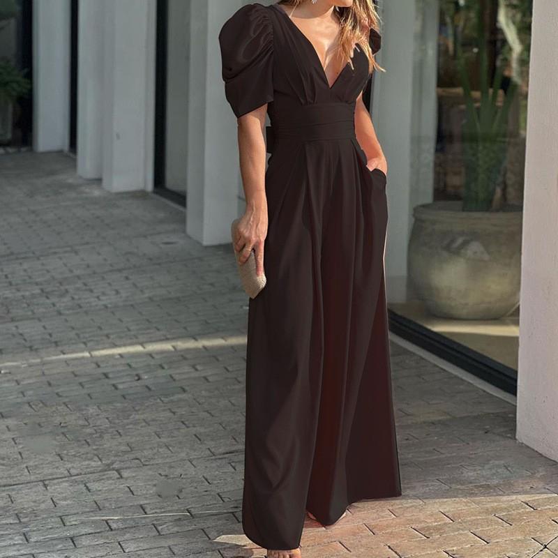 2026 Women's Clothing Is Fashionable Elegant Solid Color Slim Short-sleeved Wide-leg Jumpsuit