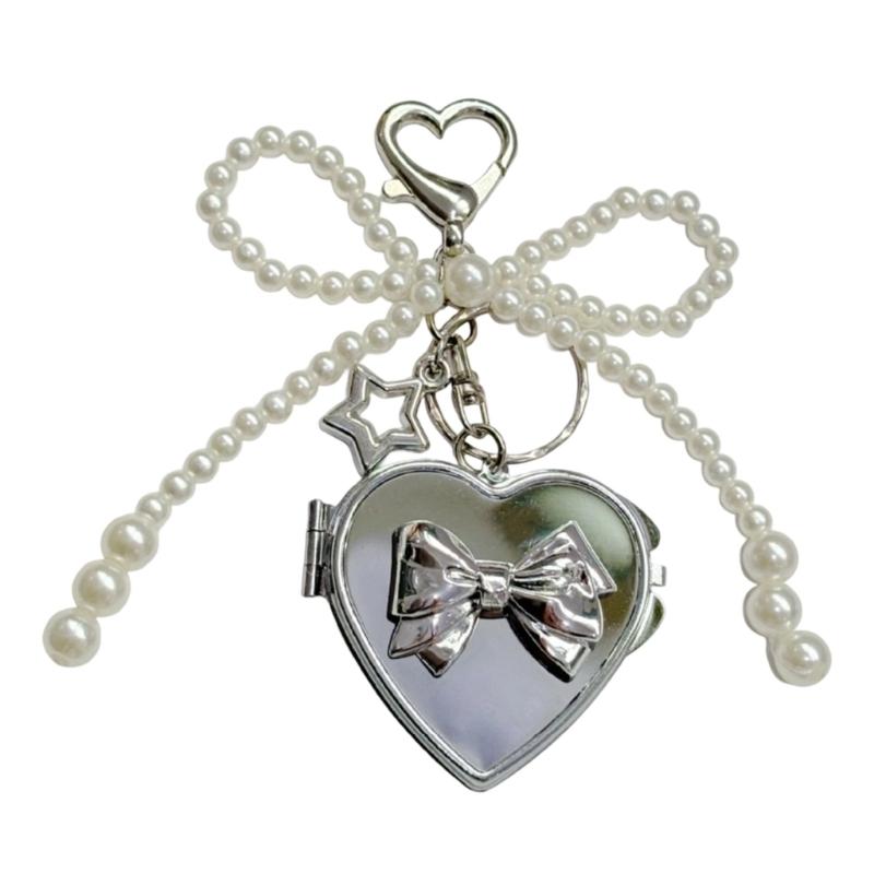 Elegant Bowknot Heart Shaped Mirror Keychain For Handbags Detachable Beauty Tool Unique Gift For Women Girls
