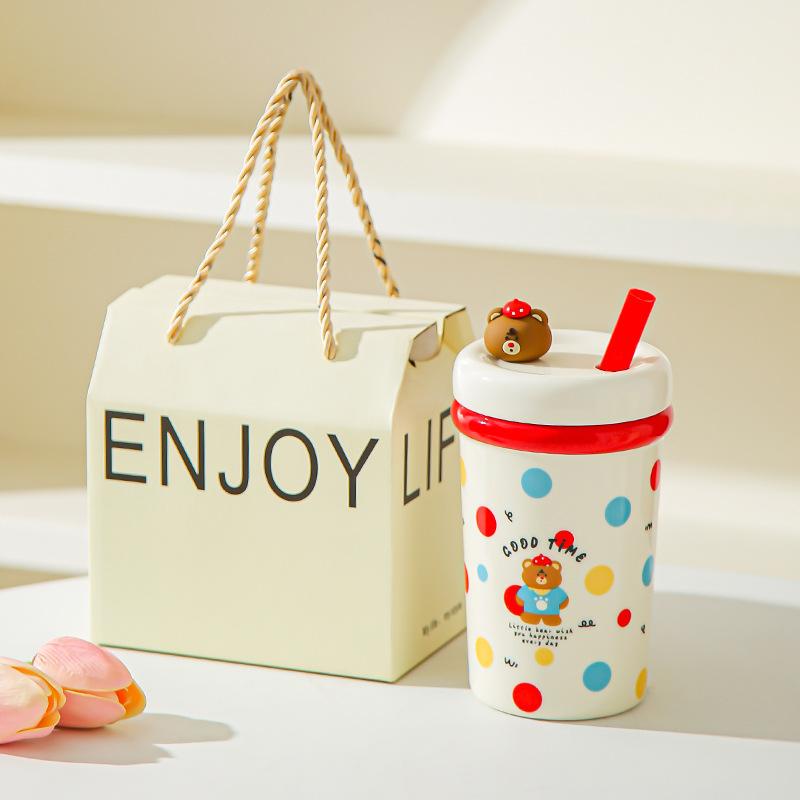 Girl's Heart Cute Pet Mug Cute Straw Ceramic Cup with Lid Spoon Girls Coffee Milk Cup Birthday Gift