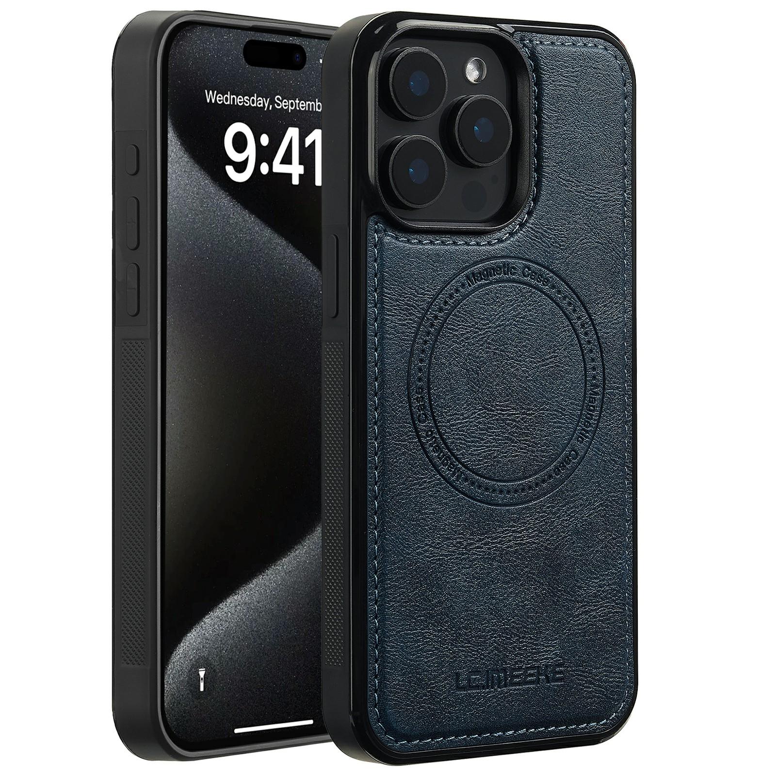 

LC.IMEEKE For iPhone 15 Pro Magnetic Case Compatible with MagSafe Leather+TPU Back Cover Blue