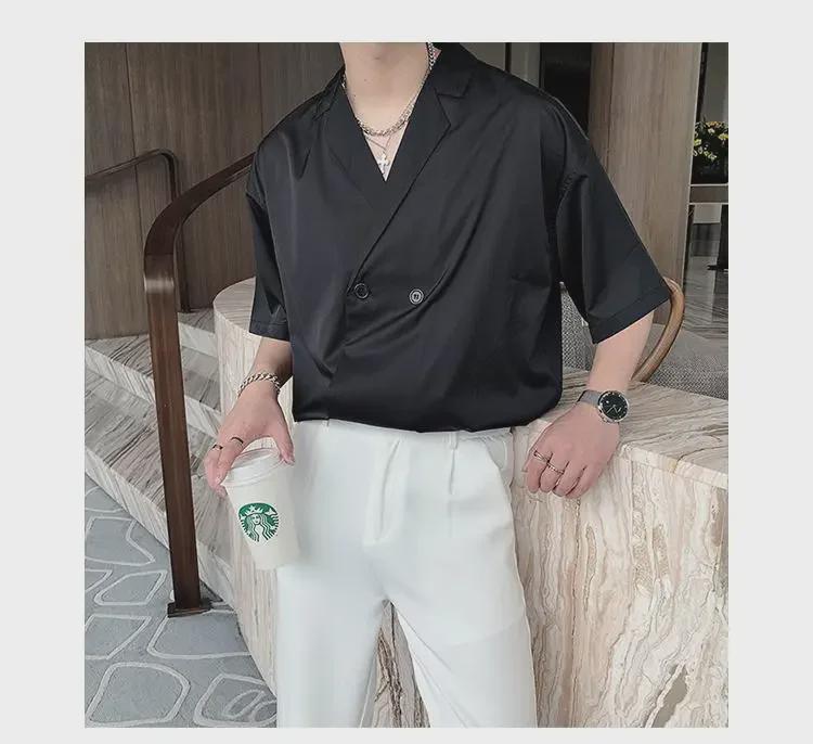 Stylish Men's Korean Short-Sleeved Luxury Drape Suit Collar Shirt for Hair Stylists