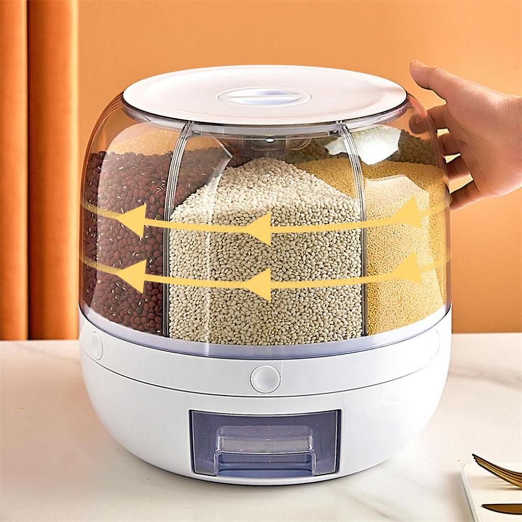 Food Grain Storage Container 6 Grid Rice Dispenser Rotatable Sealed Grain Food Storage Box Large