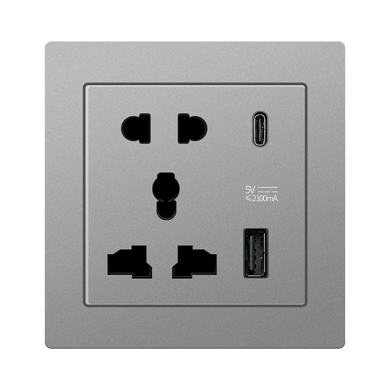 5-hole Universal Socket with USB + Type-c Charging Ports and Switch 86-type Glass Panel Embedded Wall Socket