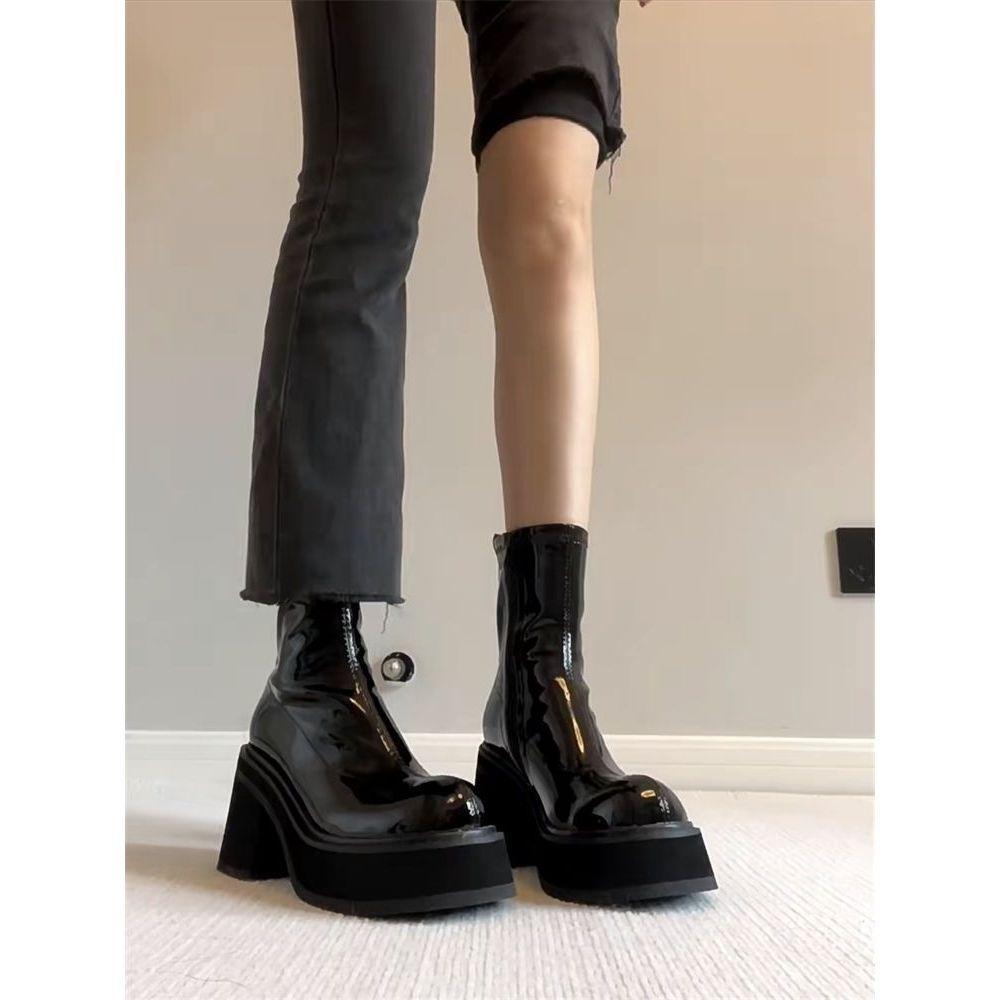 Patent leather small Martin boots women's 2025 new waterproof platform thick-soled heightened elastic thin boots thick heel short boots