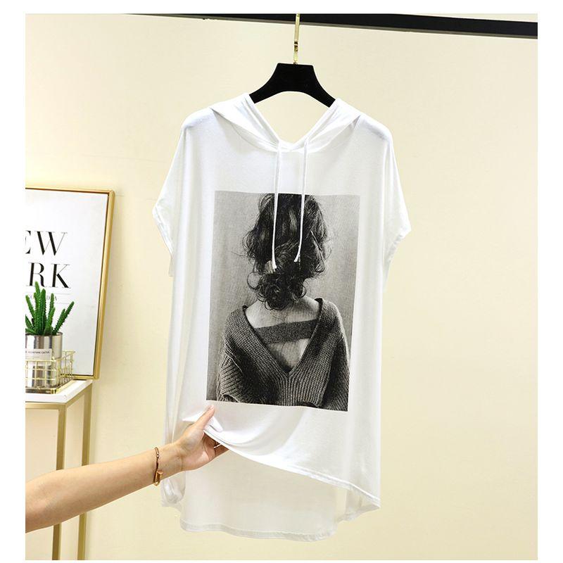 Modal Short Sleeve Hood T-shirt Women Summer Mid-Length Print Base Top Plus Size Slim Thin Fashion Inner Wear