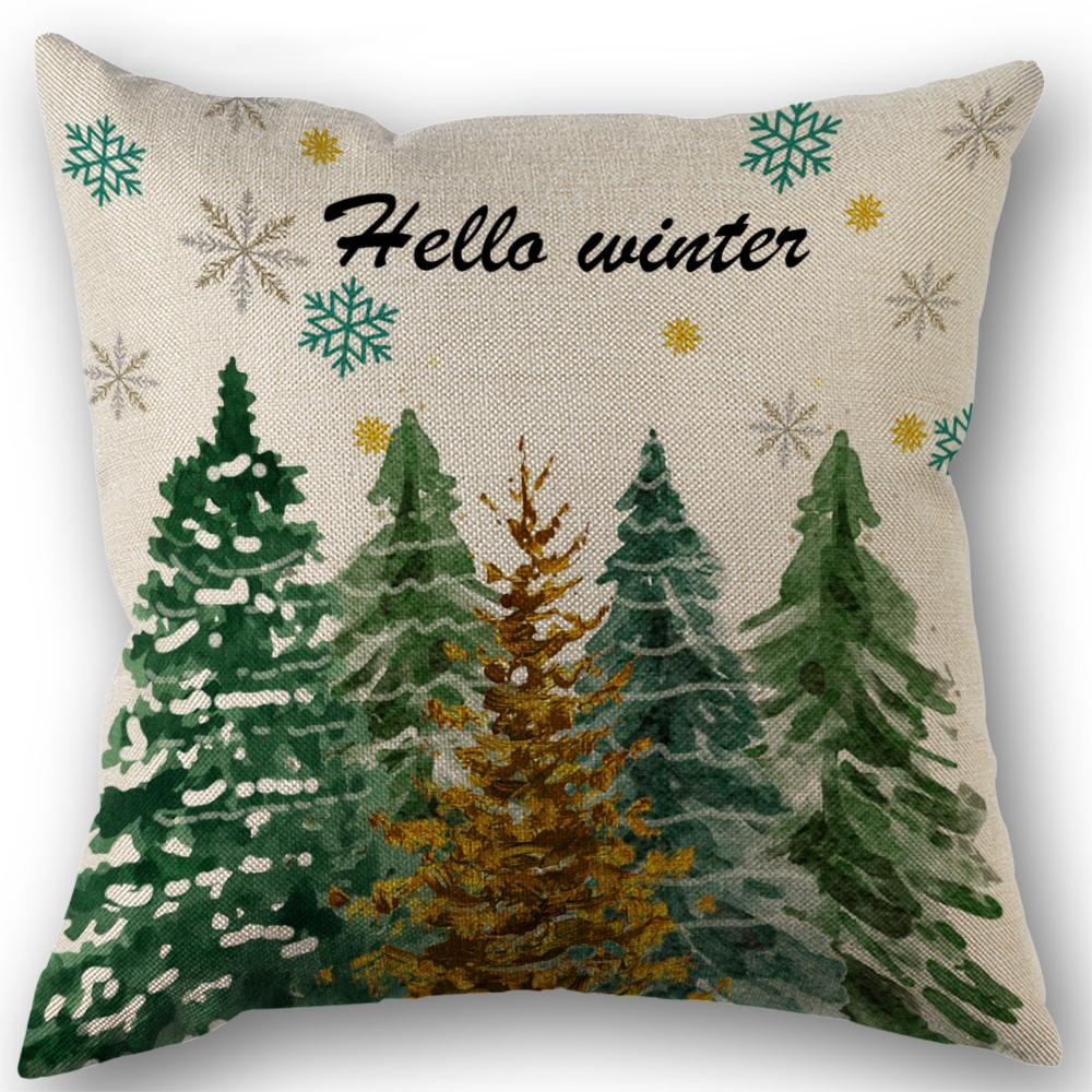 New Merry Christmas Throw Pillow Case Xmas Tree Santa Claus Linen 45X45cm Pillow Cover