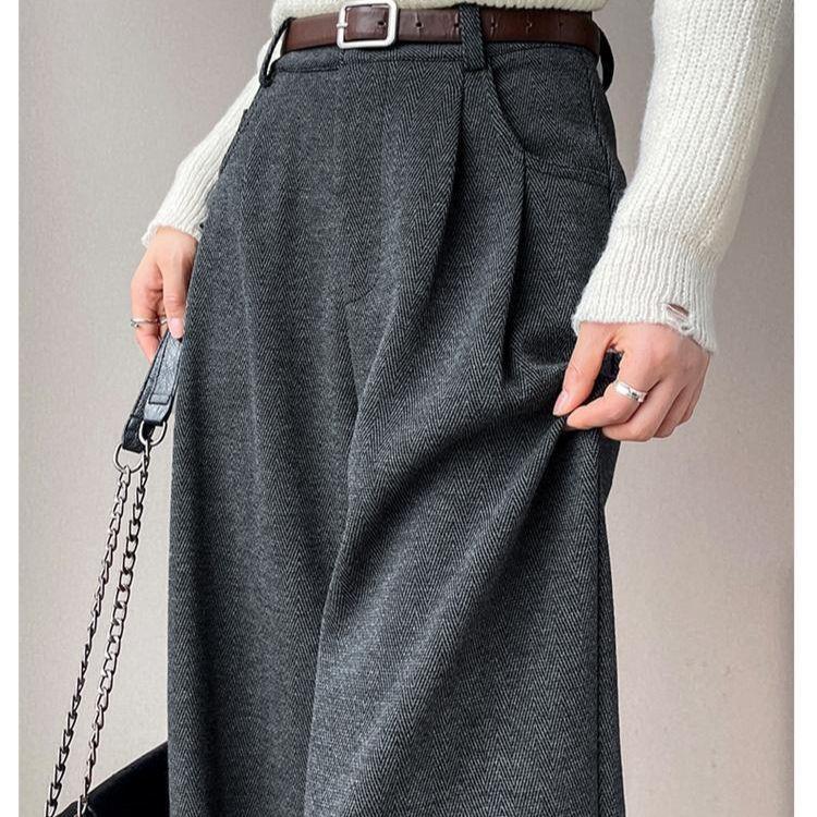 2025 Autumn/Winter High-Waisted Herringbone Wool Blend Wide-Leg Pants