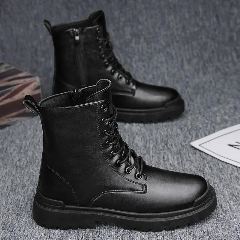 Men Qora Teri Botinkalar Yangi Britancha Uslub Yuqori Qo'shimcha Moda Ish Botinkalari Ochiq Havoda Ko'cha Modasi Chelsea Erkaklar Poyafzali Qulay Qisqa