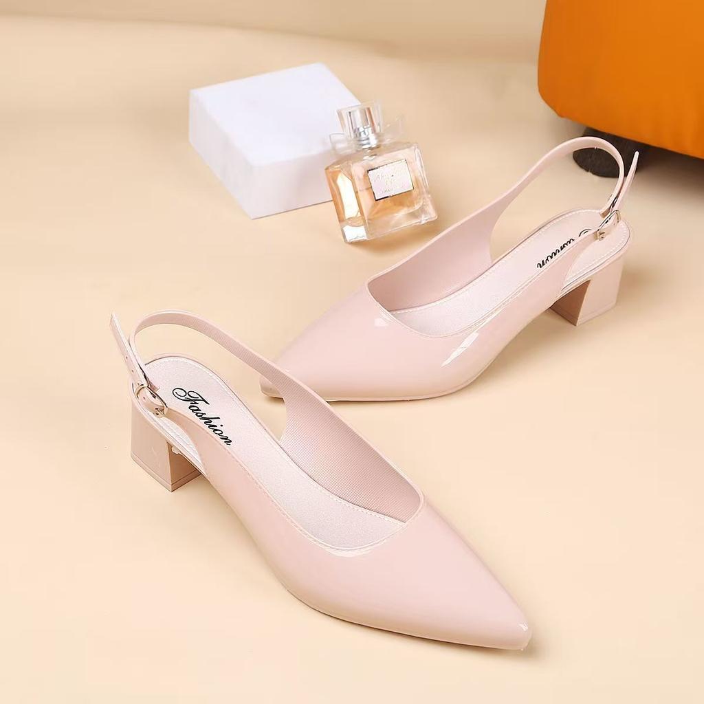 Women's Pointed Toe Slip On Block Heel Sandals Summer New Soft Sole Non Slip Waterproof Outdoor Beach Sandals Fashion Nude Shoes