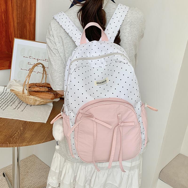Schoolbag Cute Sweet Girl Backpack Female Student Class Versatile School Bag Korean College Style Bow Polka Dot Backpack