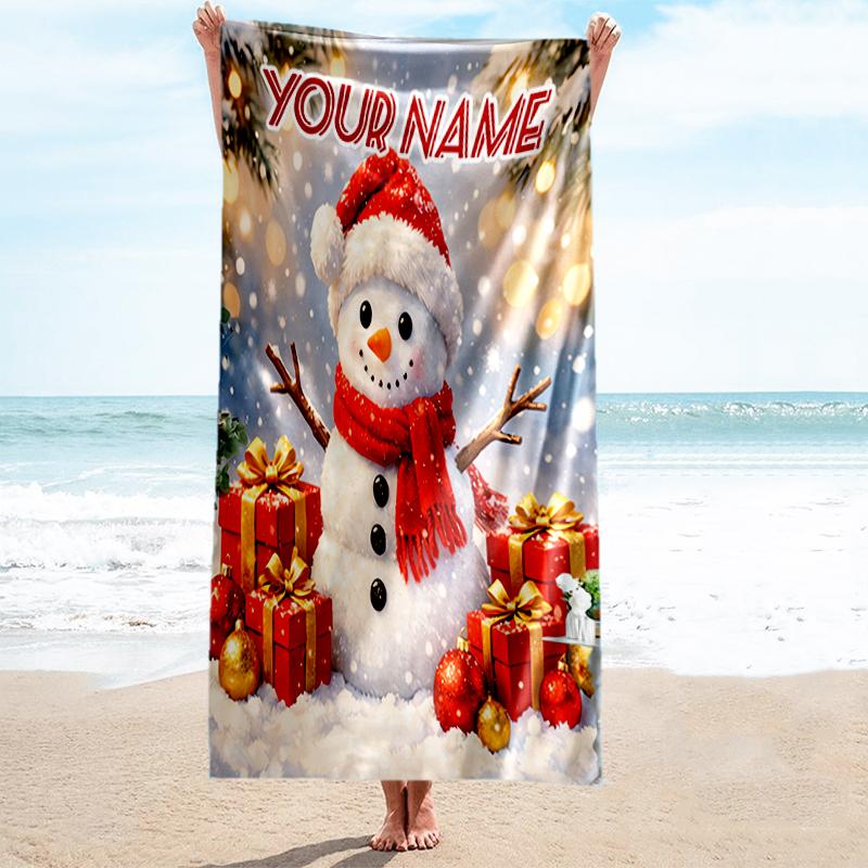 1PC Custom Name Christmas Snowman Gifts Scene Beach Towel Highly Absorbent And Sand-Resistant Towel for Swimming, Pool, Yoga, And Travel Lightweight