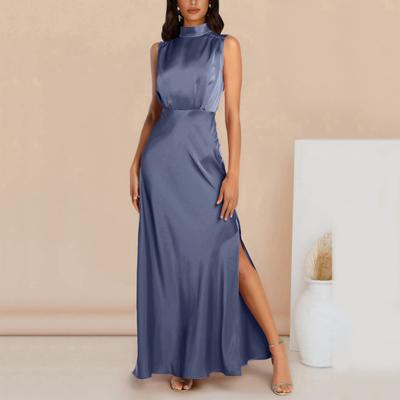 Vestido de baile feminino sem mangas cintura alta fina divisão lateral sedosa gola simulada cor sólida reto tornozelo comprimento vestido de noite baile de formatura vestido maxi