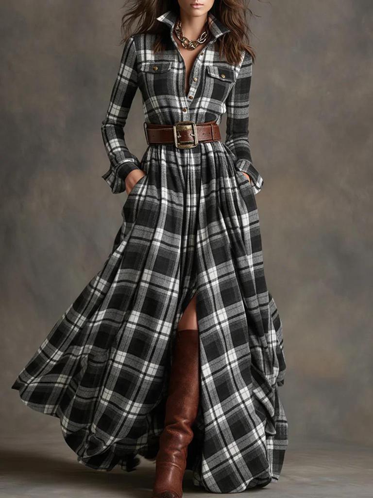2026 European & American Women's French High-End Retro Plaid Dress with Belt