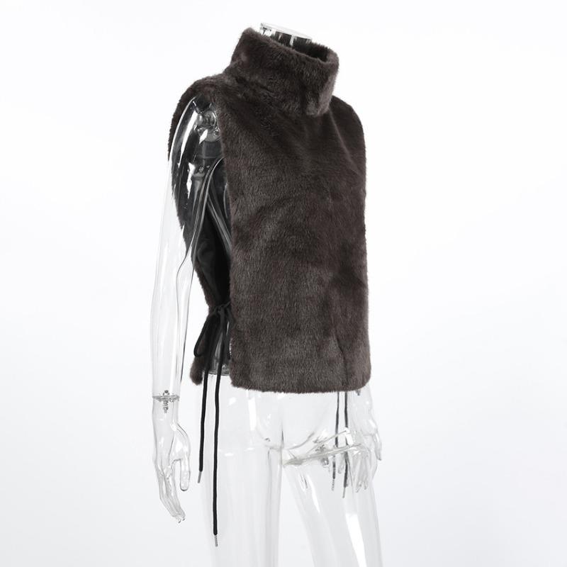 Vestă elegantă, caldă de iarnă, pentru femei, mărimea S, din blană artificială de nurcă, cu gât înalt, fără mâneci