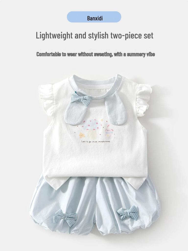 New Arrival: Girls' Cute Rabbit Two-Piece Set - Short Sleeve & Shorts, Breathable Cotton Gauze Summer Outfit