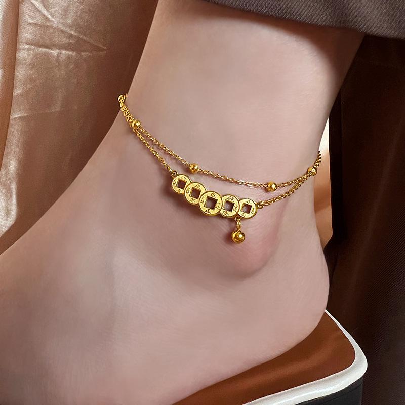 

Retro Chinese Style Double-Layer Titanium Steel Anklet with Copper Coin Pendant