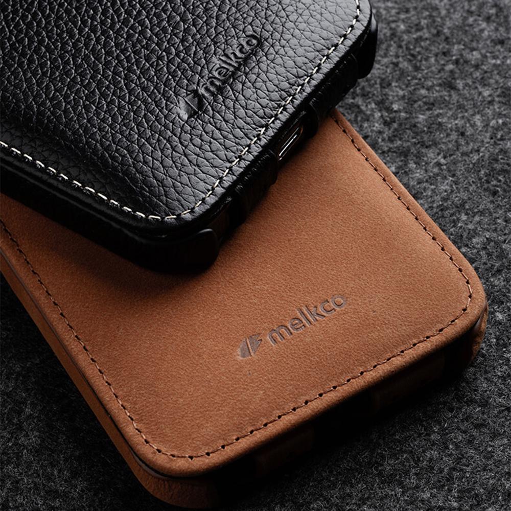 MELKCO For iPhone 15 Pro Max Case Litchi Texture Genuine Cow Leather+PC Vertical Flip Cover