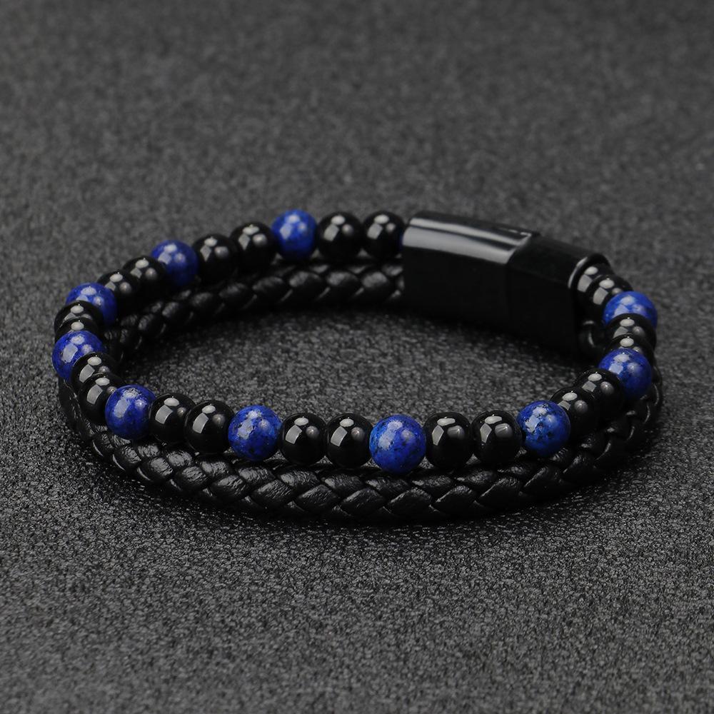 Men's Natural Stone Bracelet with Volcanic Beads, Tiger Eye, Magnetic Clasp, and Braided Leather Cord.