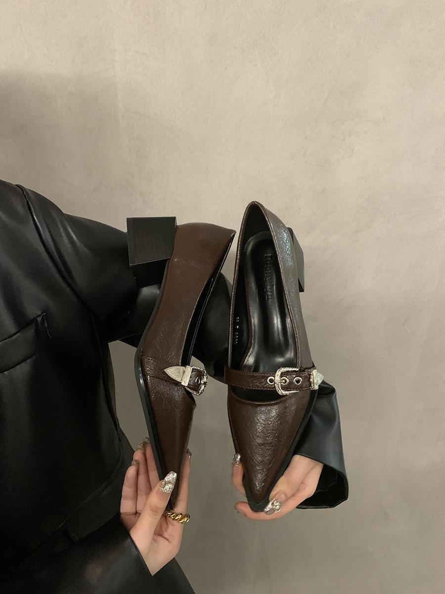 

thick heel black pointed high heel single shoes women s 2025 new small leather shoes retro commuter loafers shoes 40