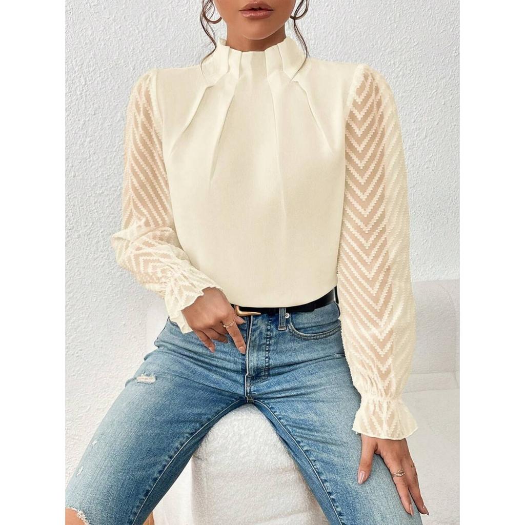 Fall Winter Women's Half Turtleneck Patchwork Wavy Chiffon Long Sleeve Top, European American Style Crossborder Women's Clothing