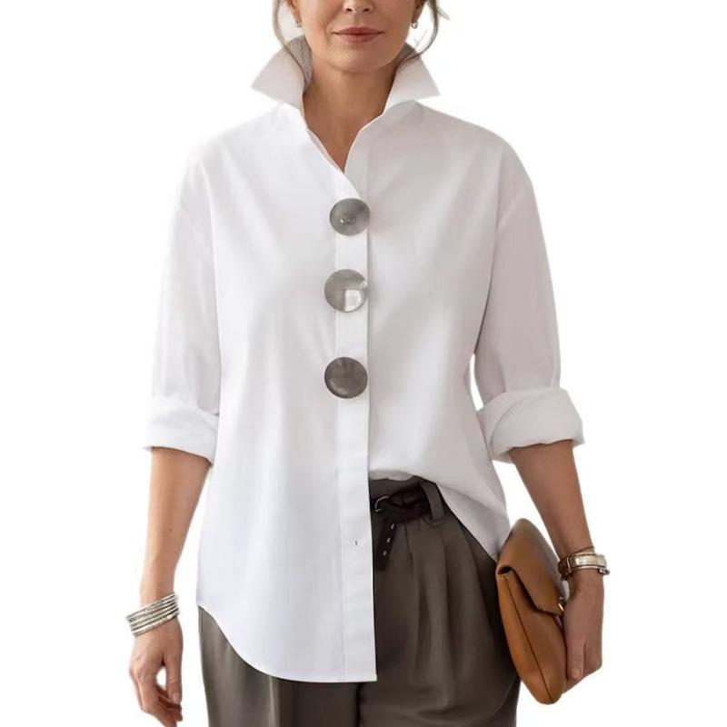 Solid Color Long Sleeve Polo Shirt With Metal Buttons For Summer