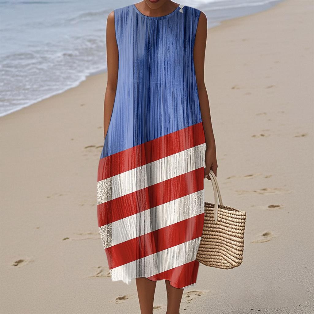 Rochie de damă la modă casual fără mâneci cu gât rotund, imprimată cu Ziua Independenței, elegantă, cu temperament