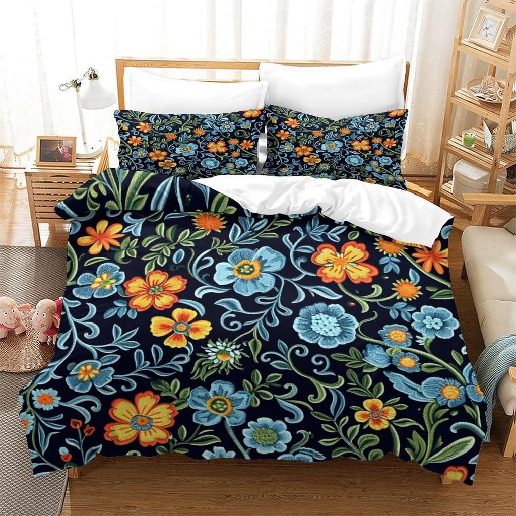 Purple Flower Print Bedding Bedroom Set Duvet Cover With Pillowcase Three-Piece Set