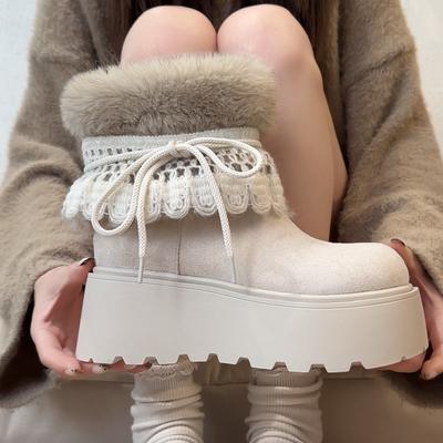 Retro niedliche Schleife Spitze Plateau Schneestiefel Damen Winter neu flauschige Schuhe kurze Stiefel