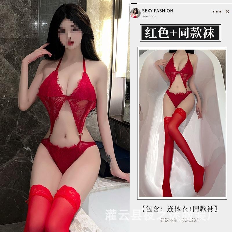 Sexy Perspective Neck Lingerie Lace Cover One-piece Pajamas Night Fans Women Hollowed Out Temptation