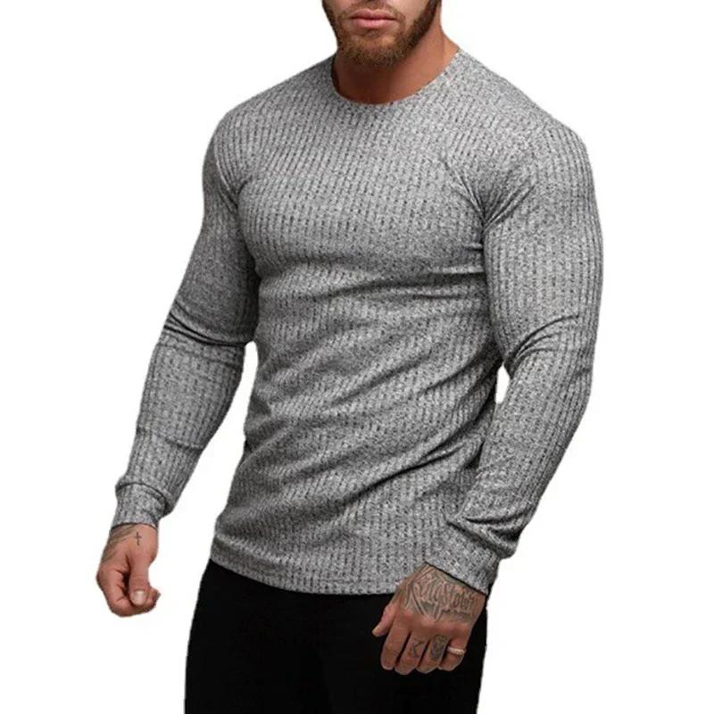 Muscleguys Mens Running T-shirts Autumn Classic Ribbed Knit Jumper Slim Fit Round Neck Long Sleeved Casual Sports Gym Fitness T Shirt