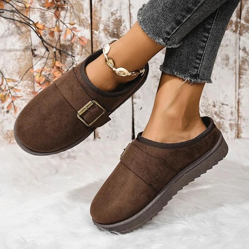 Modische Damen Schneestiefel mit runder Spitze, flachem Boden, großer Größe, zum Hineinschlüpfen, winterwarm, bequeme Stiefeletten, lässige warme Baumwoll-Hausschuhe