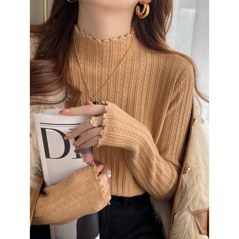 Ruffled Half-High Collar Knit Sweater for Women - Autumn/Winter 2025 Long Sleeve Top