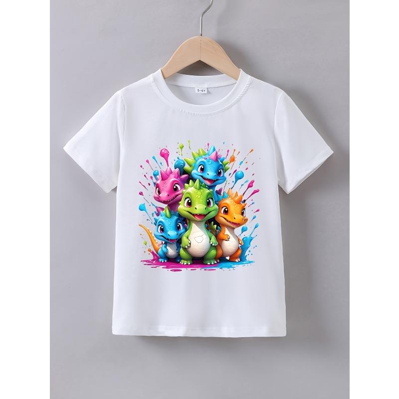 European sizes Girls  Summer Short Sleeve  Splatter Dinosaur  Print T-Shirt 110 белый