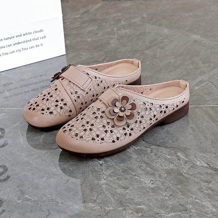Soft Leather Hollow Breathable Soft Sole Middle-aged and Elderly Baotou Half Slippers Women's Summer Casual Versatile Non-slip Comfortable Mother Sho
