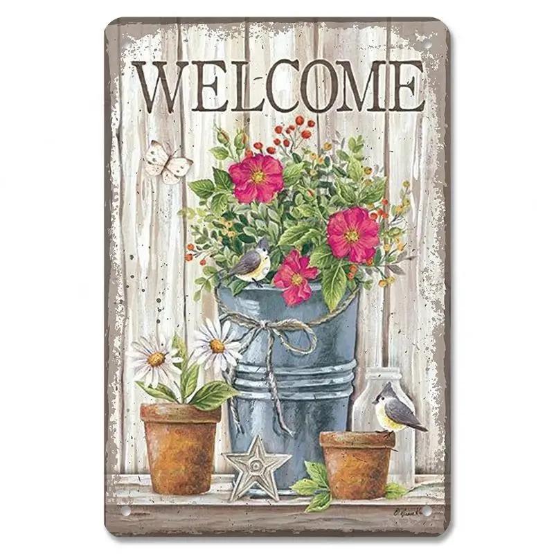 D Flat Metal Sign Vintage Welcome Garden Tin Sign Set Rustic Home Decor Butterfly Flower Watering Can Wall Art