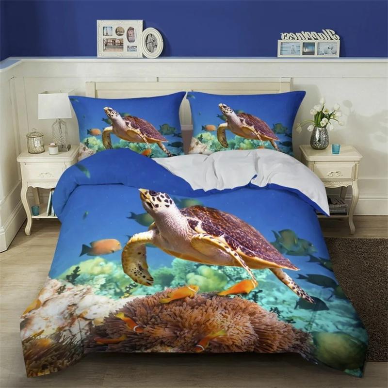 3D Sea Turtle Beddings Set Ocean Duvet Cover Set Teal Mediterranean Style Duvet Cover Queen King Twin Size Bedroom Decoration