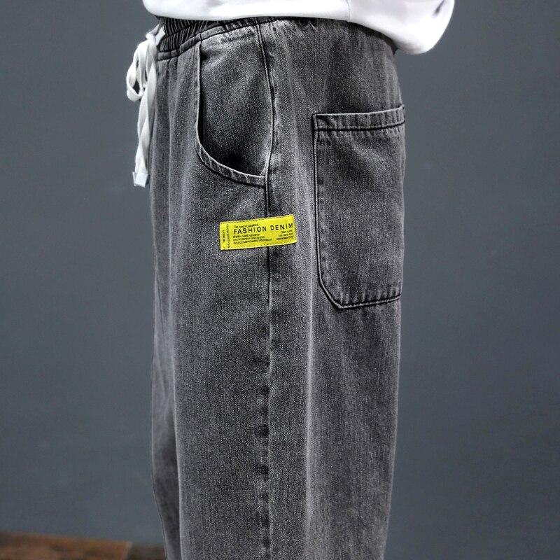 Mens Jeans Loose Fit Capri Pants Gray Light Blue Wide Leg Jeans Men Elastic Waist Drawstring Printing Letters Trendy Cowboys