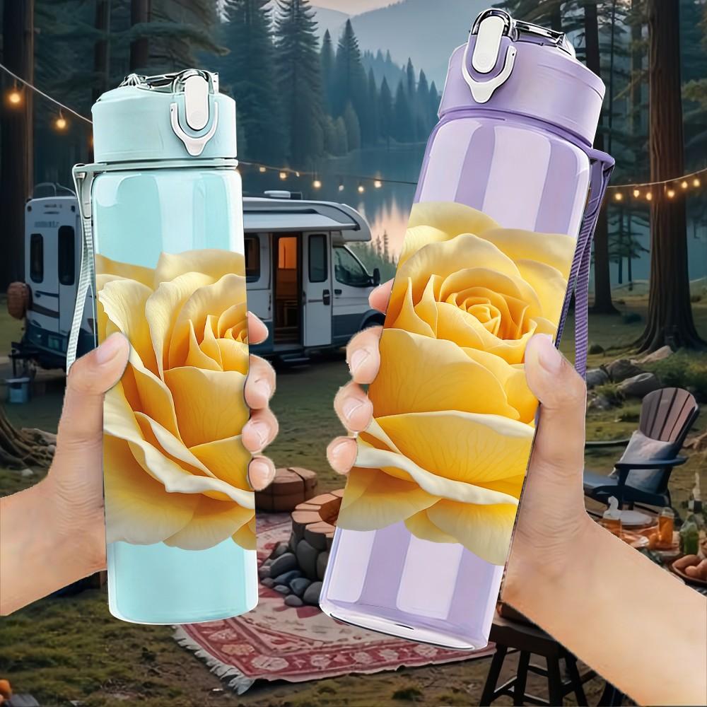 1PC Yellow Rose Flower Bloom Art Print 750ml Color Plastic Sports Water Bottle Leakproof Flip Straw Lid Suitable for Sports Office Home Use