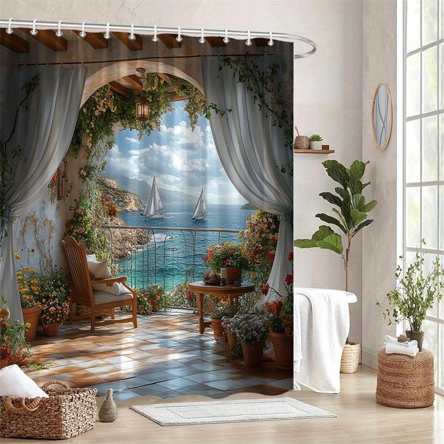Sea View Shower Curtain Waterproof Fabric Bathroom Curta Mediterranean Balcony Ocean Sailboat Bath Screen Divider With Hooks