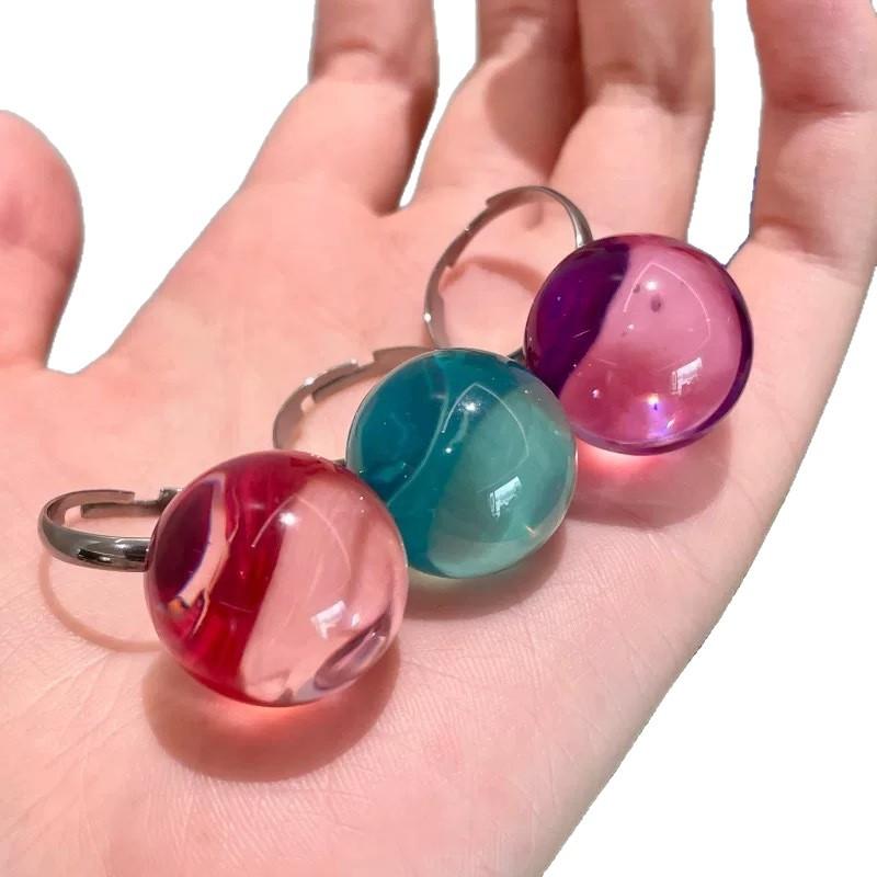 Korean Creative Transparent Colorful Geometric Ball Resin Fnger Ring Sweet Y2K Large Acrylic Round Ring Jewelry For Women Girl