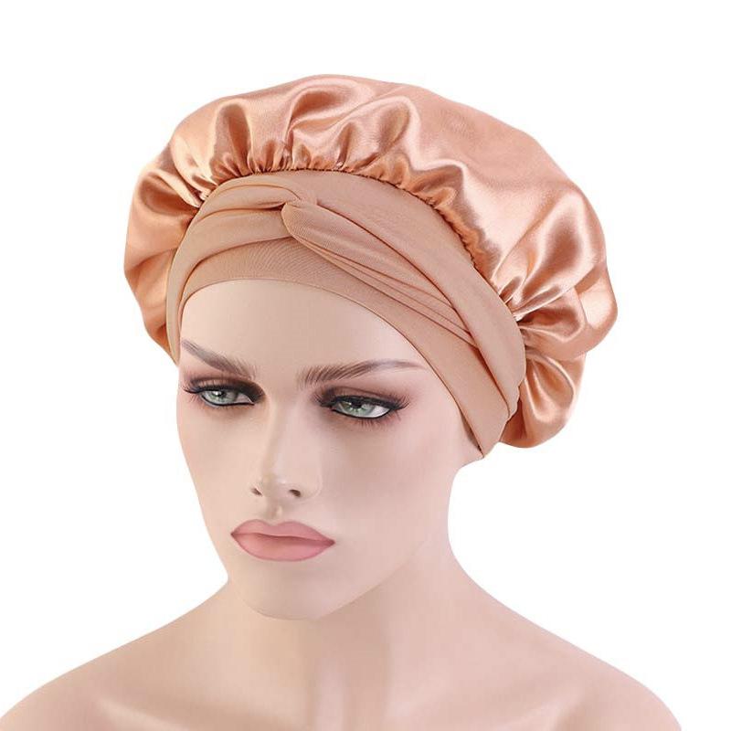 Hot-selling imitation silk wide-brimmed nightcap, satin streamer round hat, hair care headscarf hat