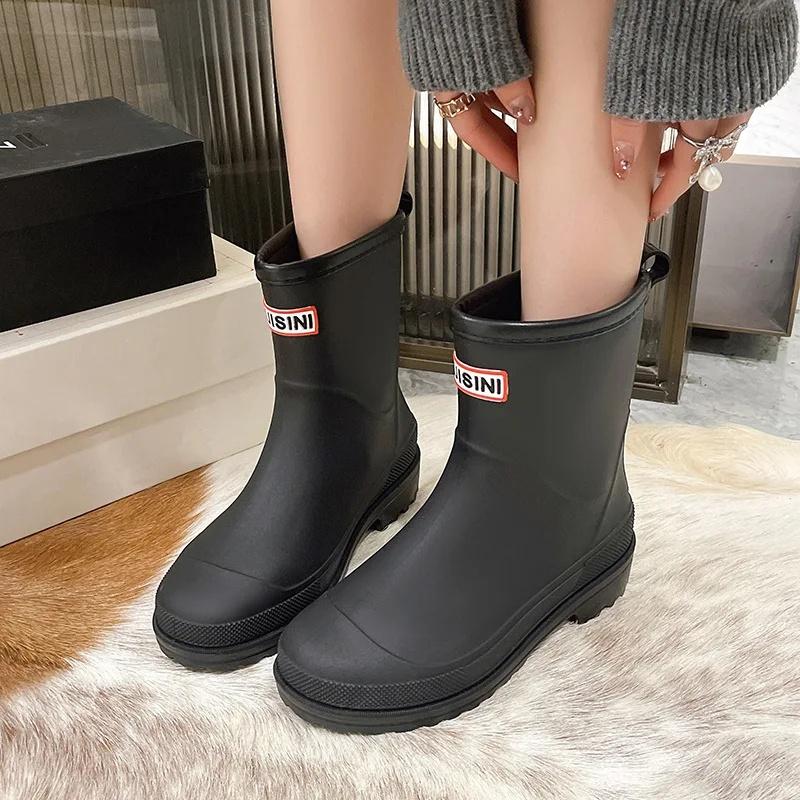 Winter Preppy Style Women's Fleece-Lined Rain Boots Anti-Slip Rubber Shoes Fashionable Outer Wear Adult Beautiful Waterproof