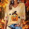 Women's V-Neck Three-Quarter Sleeve Casual Halloween Print Top for Fall Parties