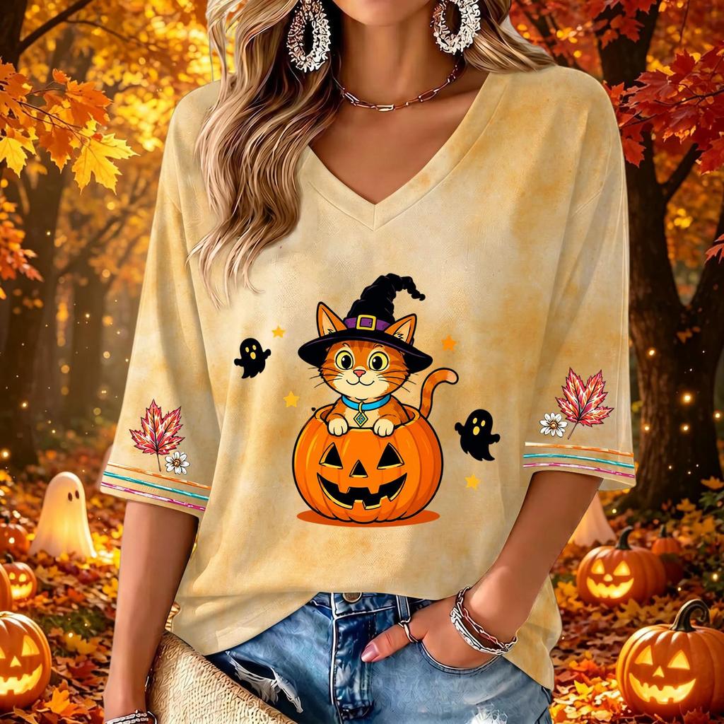 Women's V-Neck Three-Quarter Sleeve Casual Halloween Print Top for Fall Parties