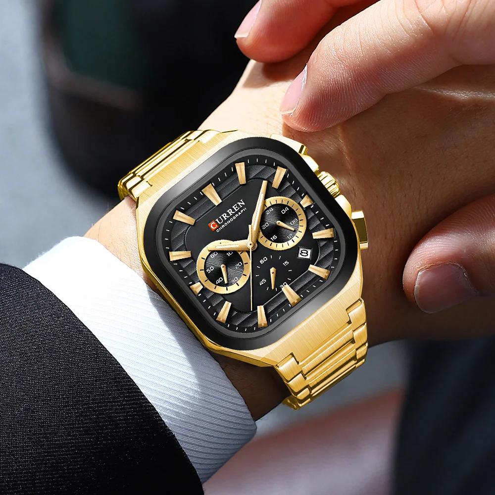 Mens Square Chronograph Watches Stainless Steel Wrist Watch with Date Luminous Hands Waterproof