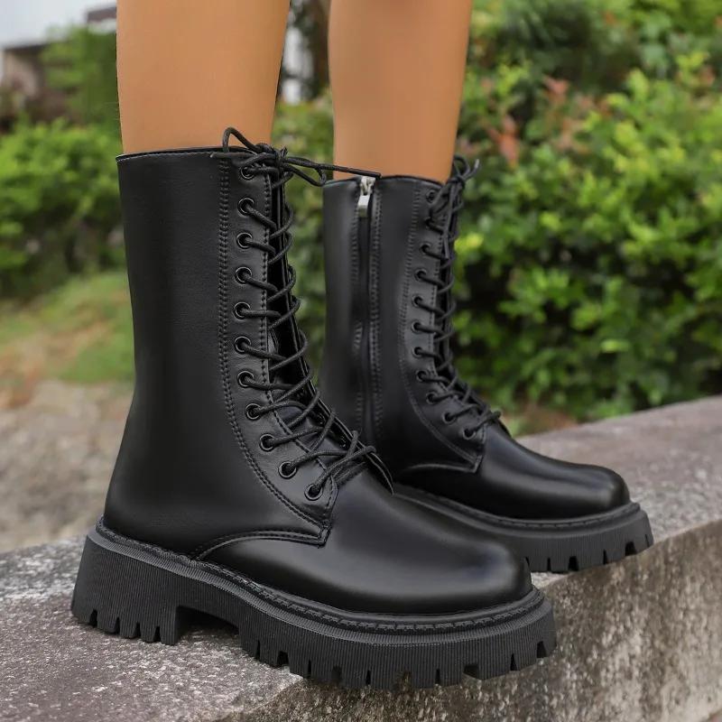 Fashion Ladies Shoes 2025 Hot Sale Side Zipper Women's Boots Fashion Lace-up Modern Boots Women New Round Toe Best Seller Mid-Calf Boots