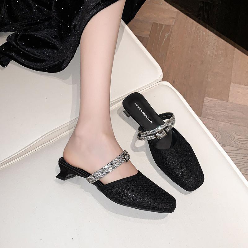Fashion Mesh Covered Head Slippers Summer New Square Head Shallow Mouth Sequin Metal Buckle Non-slip Square Heel Shoes