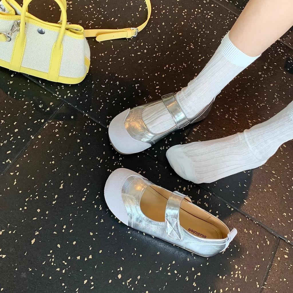 Grape Mother Has the Same Round Head Versatile Lazy Velcro with Shallow Mouth Mary Jane Shoes Women's Soft-soled Flat-soled Single Shoes