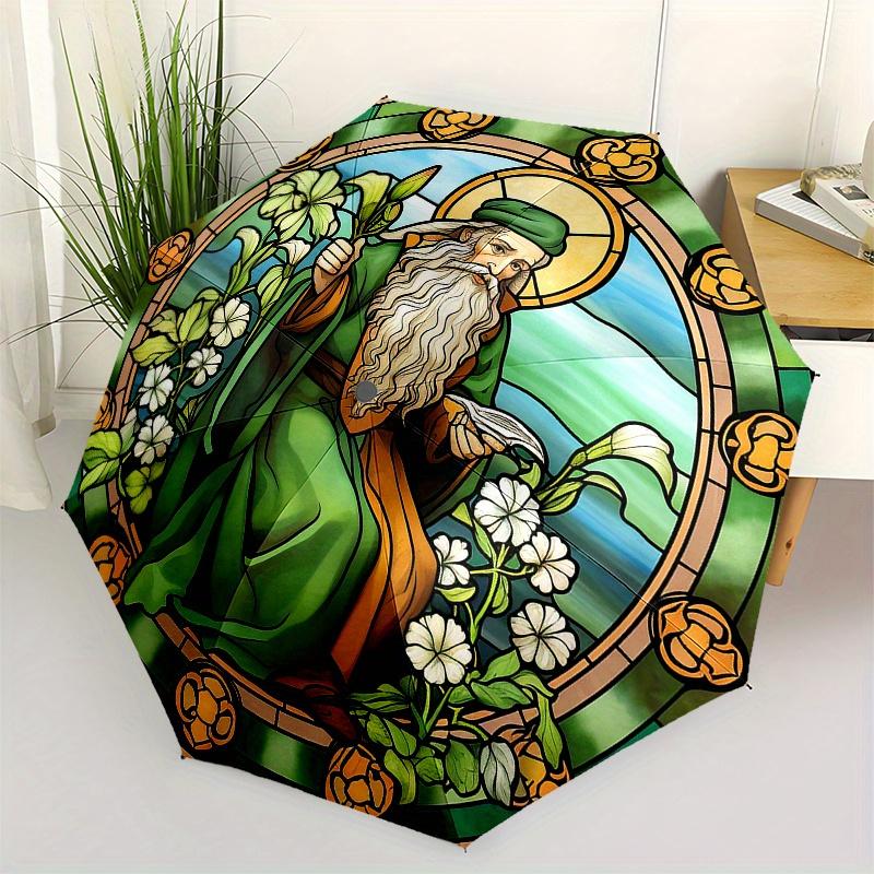 

Stained Glass Window Panel, Saint Patrick s Day Decoration Umbrella, Cute Umbrella with Cute Design, Portable 3-Fold Compact Umbrella for Men & Women,