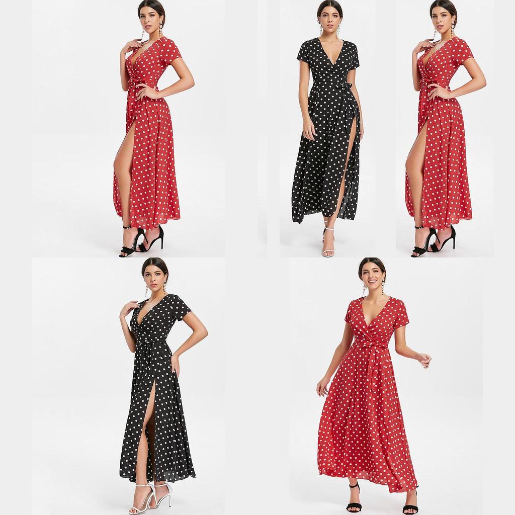 Women Short Sleeve V Neck Swing Dress With Elegant Polka Dot Print And Slit Detail